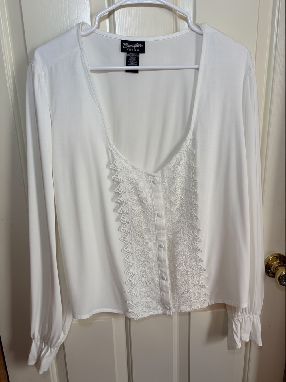 Wrangler Retro White Lace-Trim Peasant Blouse Boho